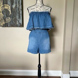 Umgee Women's Strapless Ruffle Denim Short Romper with Back Zipper